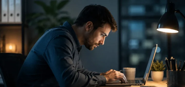 Mann arbeitet spät am Laptop mit nach vorne gebeugtem Kopf – Tech-Neck und chronische Nackenschmerzen durch Bildschirmarbeit