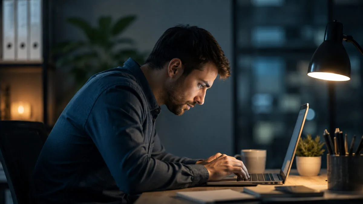 Mann arbeitet spät am Laptop mit nach vorne gebeugtem Kopf – Tech-Neck und chronische Nackenschmerzen durch Bildschirmarbeit