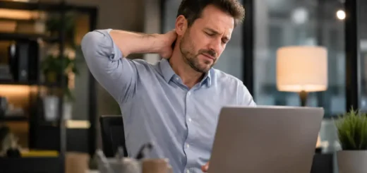 Mann im Büro mit Nackenschmerzen – chronische Verspannung durch Stress