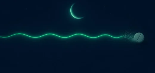 Durchschlafen ohne Schlaftabletten: ruhige, ununterbrochene Linie unter einem Mond, daneben eine sich auflösende Schlaftablette als Symbol für eine durchgeschlafene Nacht ohne Pillen