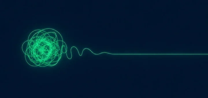 Gedankenkarussell beim Einschlafen: verschlungene Lichtlinie, die sich zu einer ruhigen Linie entwirrt, als Symbol für einen rasenden Geist, der zur Ruhe kommt