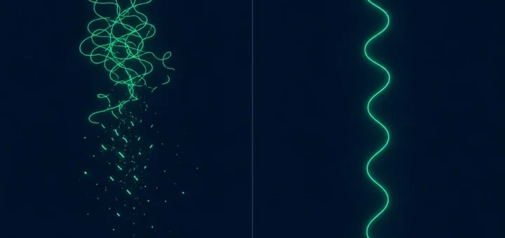 Meditation bei Dauerstress: links eine chaotische, zerbrechende Linie, rechts eine ruhige fließende Linie als Vergleich zwischen Top-Down- und Bottom-Up-Ansatz